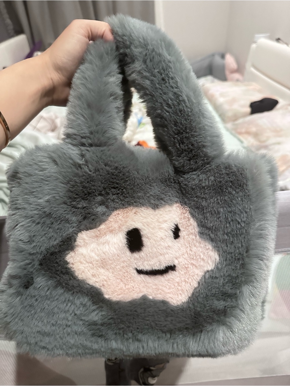 Plush Mini Tote Bag in Dusty Gray with Cloud Face